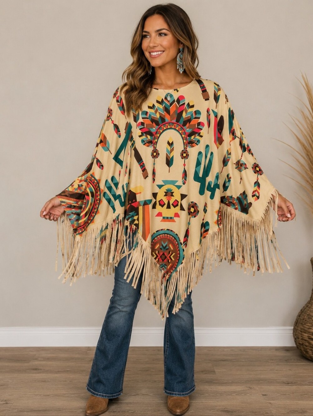 Montana West NWT Western Aztec Fringe Poncho Kimono Southwestern